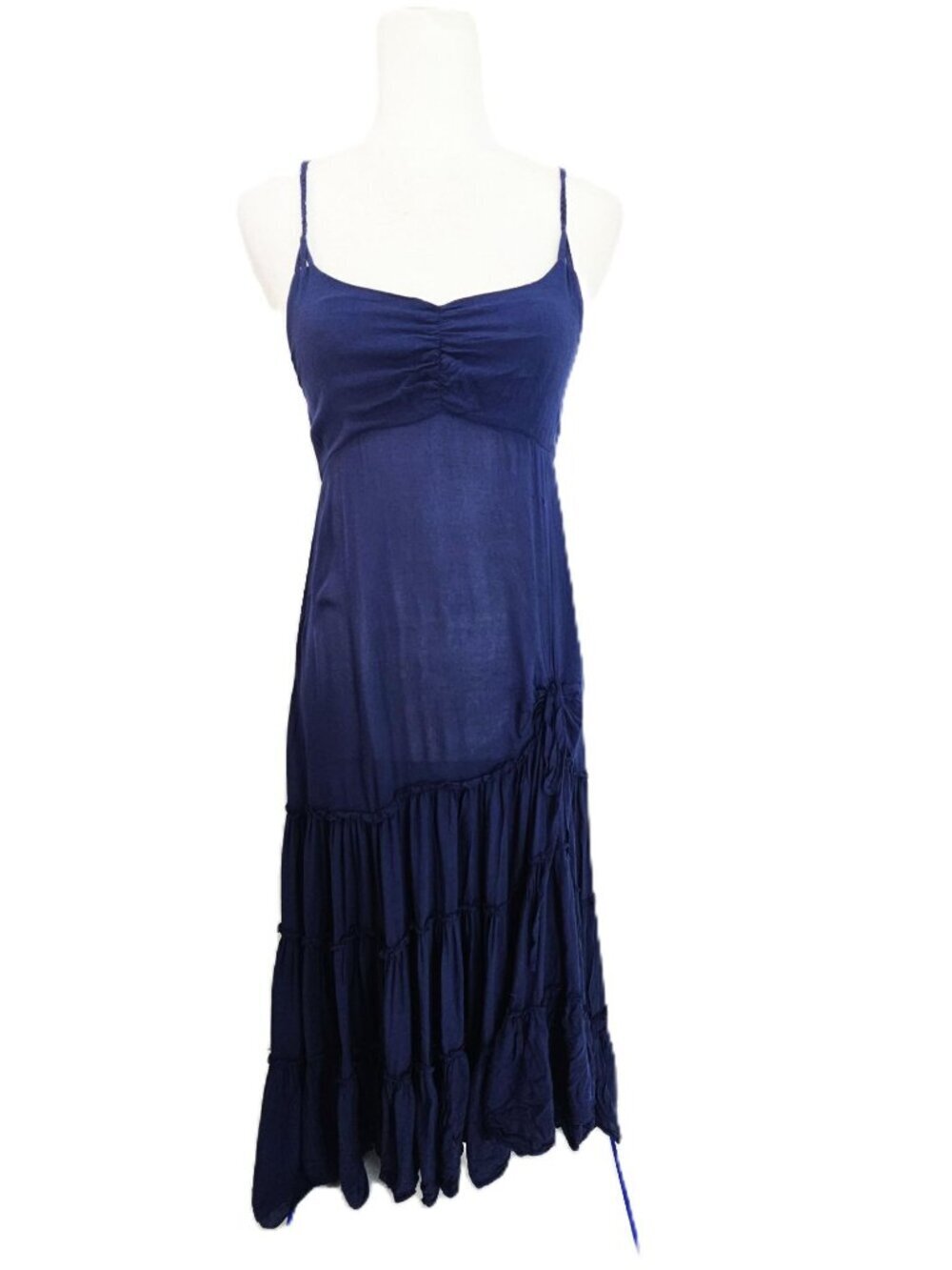 Women Navy Blue Tiered Boho Lagenlook Minimalist Fairy Maxi Dress Women Size Med